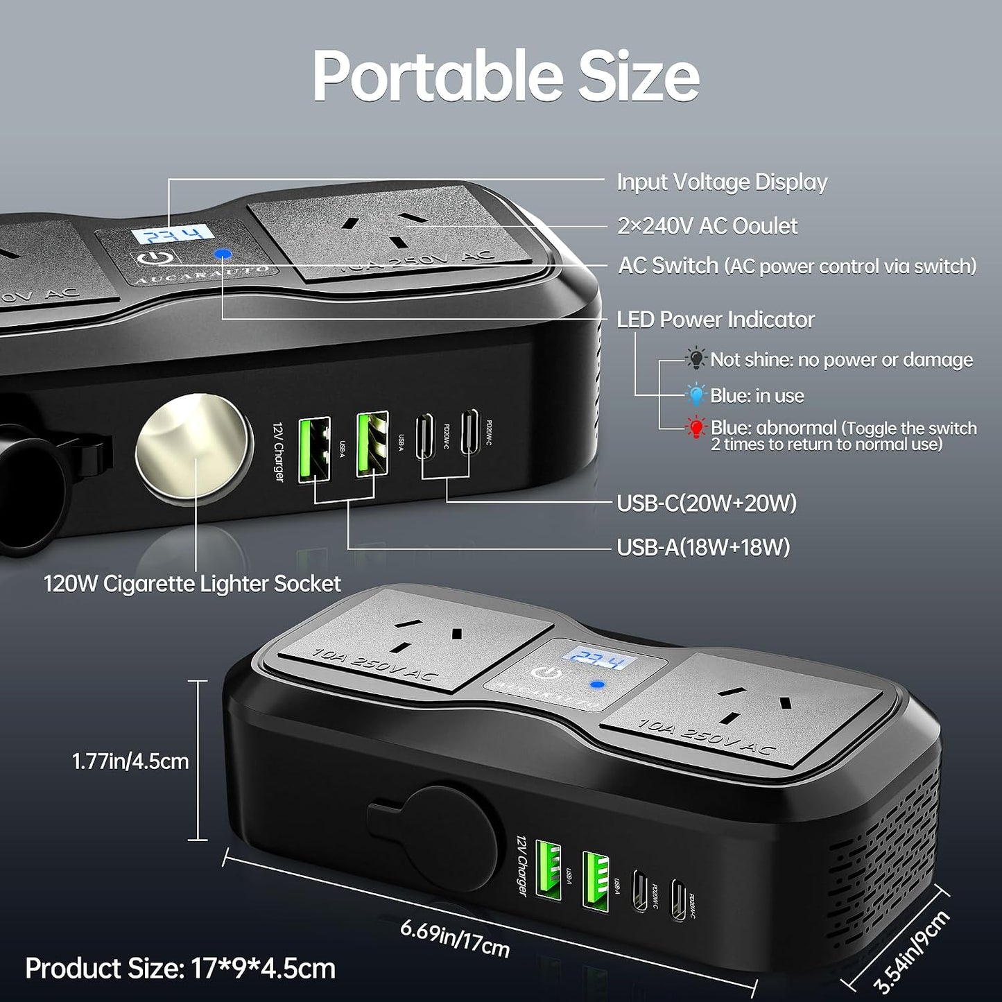 AUCARAUTO 200W Car Power Inverter 7-in-1 Fast Charging Adapter DC 12V Black NEW