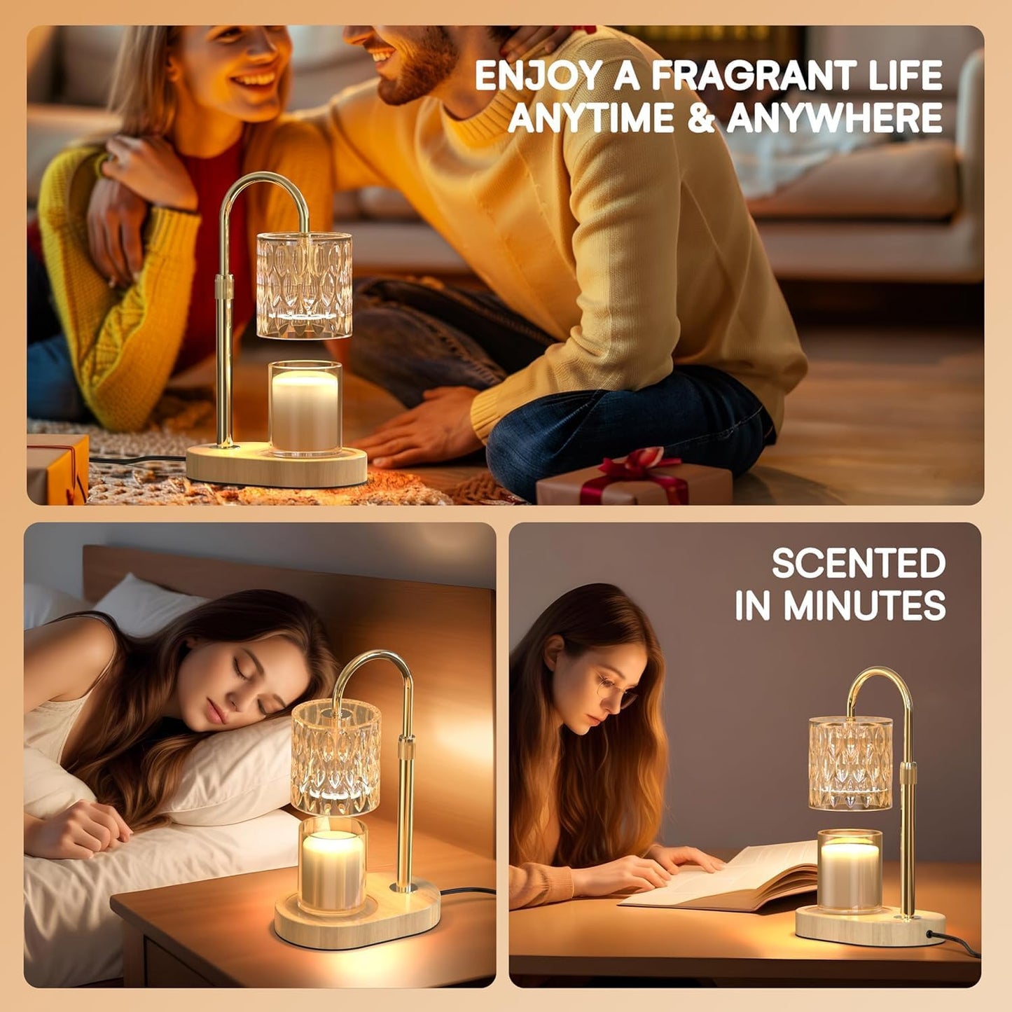 Dimmable Gold Candle Warmer Lamp with Timer & Adjustable Brightness NEW