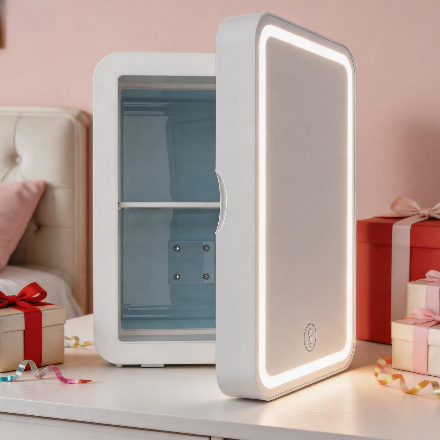 Portable 8L Refrigerators White Makeup Fridge with Dimmable LED Light DEMO