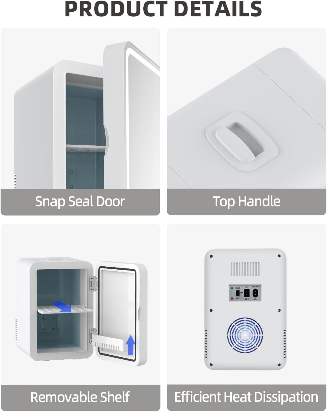 Portable 8L Refrigerators White Makeup Fridge with Dimmable LED Light DEMO