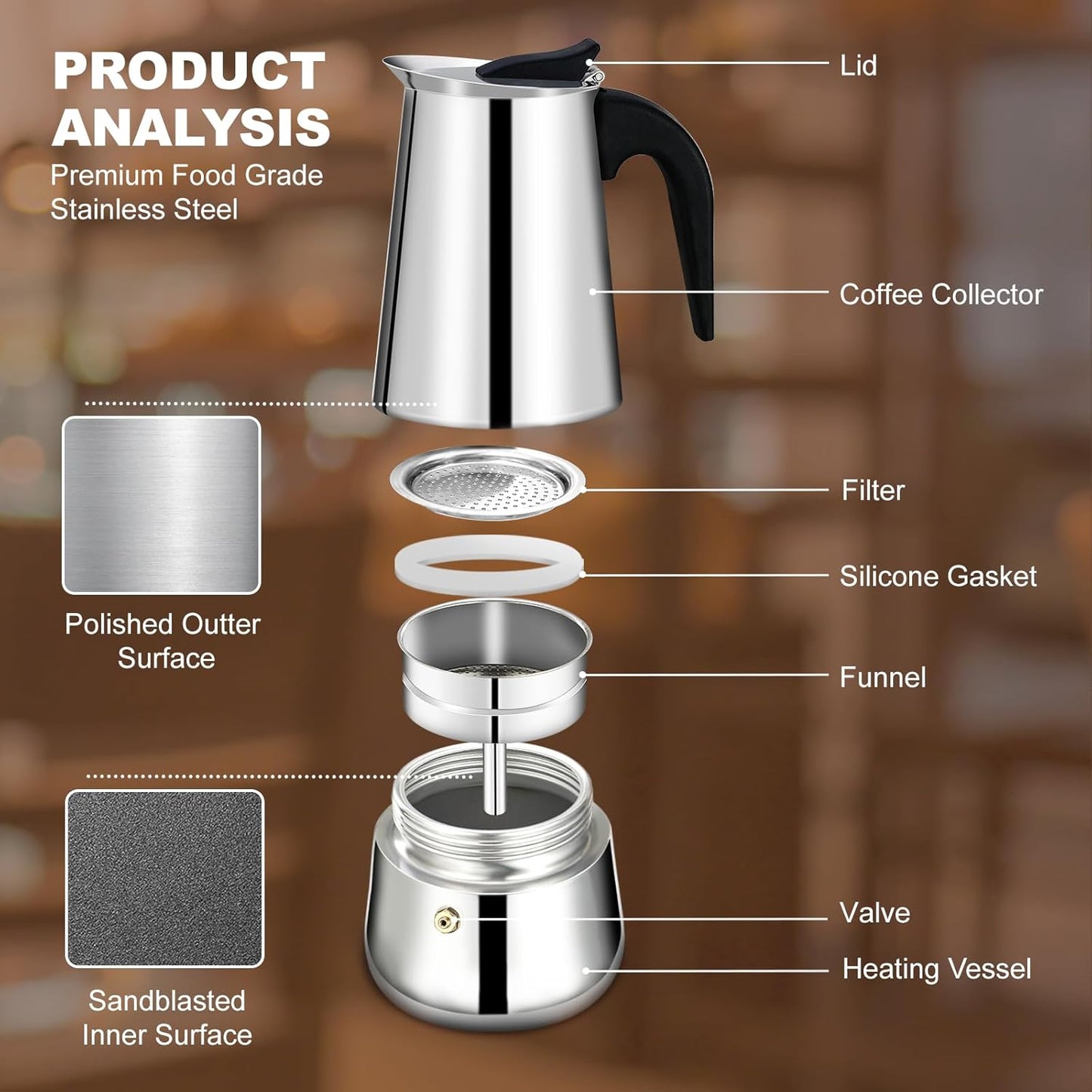 Stainless Steel Stovetop Espresso Moka Pot Coffee Maker, 200ml Brewer Size NEW