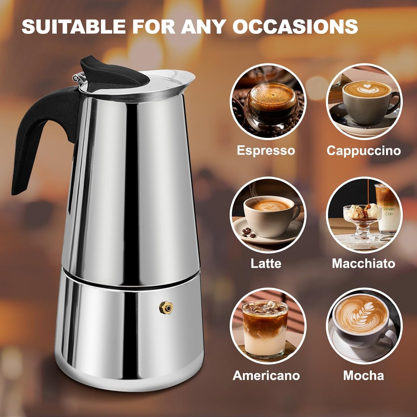 Stainless Steel Stovetop Espresso Moka Pot Coffee Maker, 200ml Brewer Size NEW