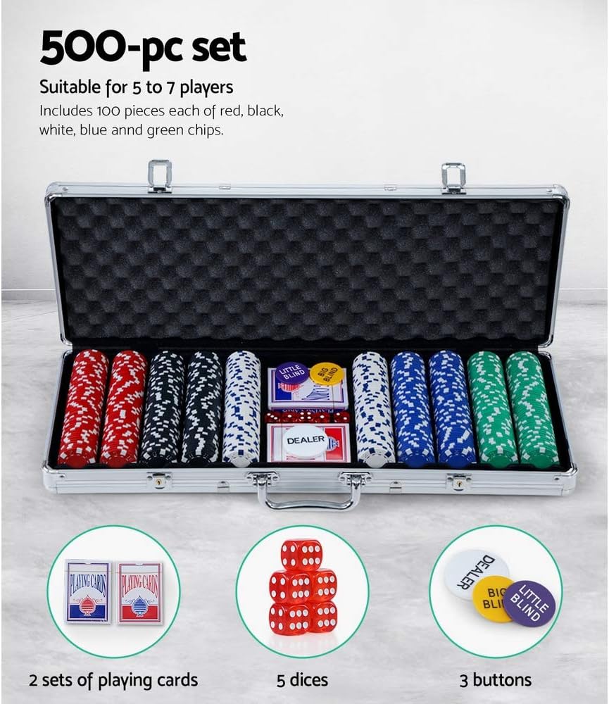 500 Piece Poker Chip Set with 5 Dice Casino Betting Chips Silver 500pcs NEW