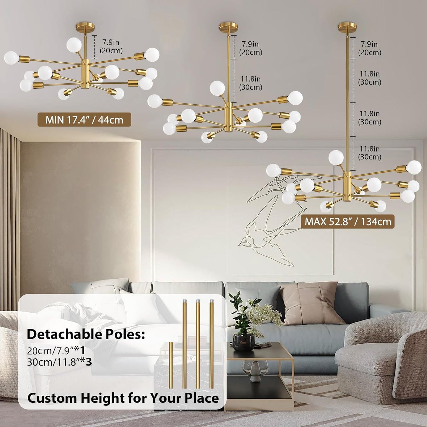 25-Inch Gold Chandeliers Mid-Century Modern Chandelier Ceiling Light NEW