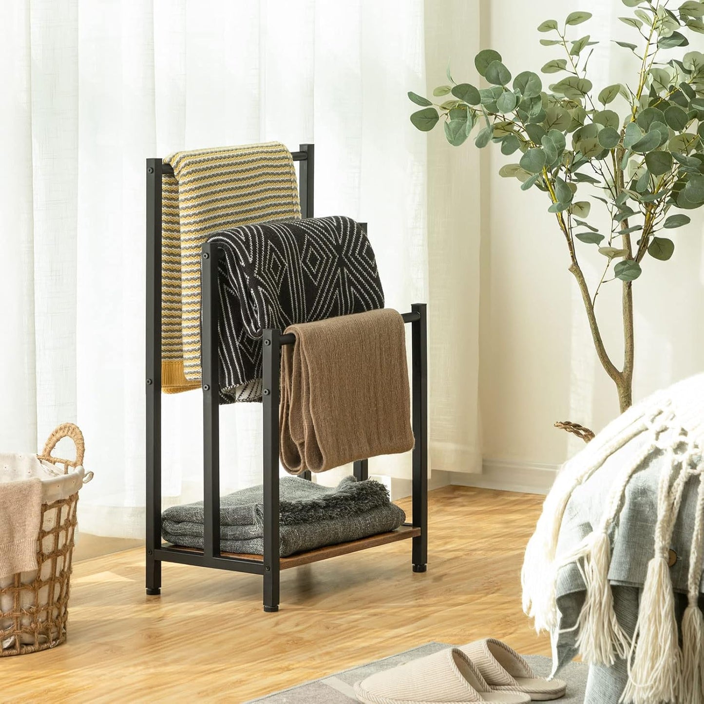 HOOBRO 3-Tier Metal Blanket Rack Towel Ladder Holder Rustic Brown & Black NEW