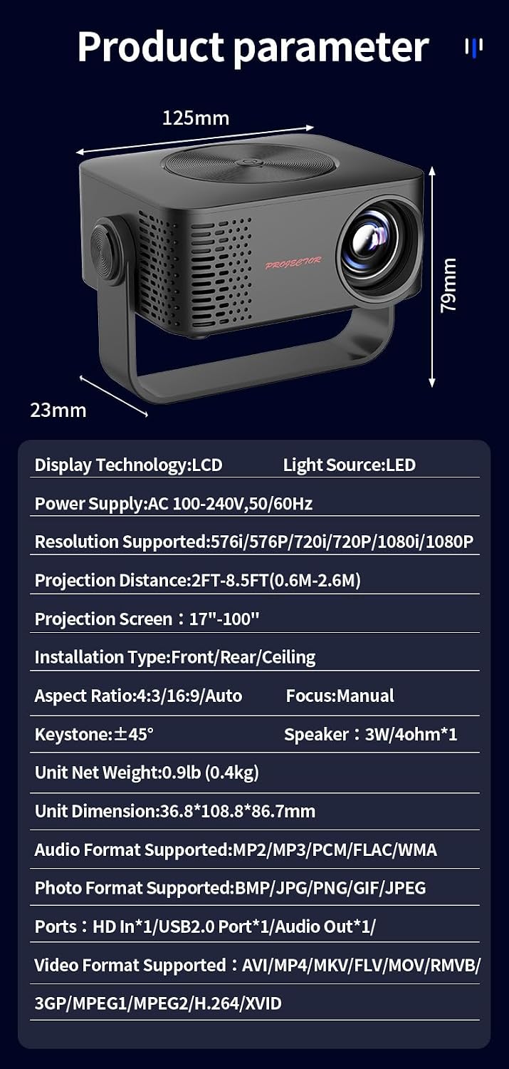 4K Portable Projectors WiFi Projector for Home Theater, Outdoor Movie Nights,