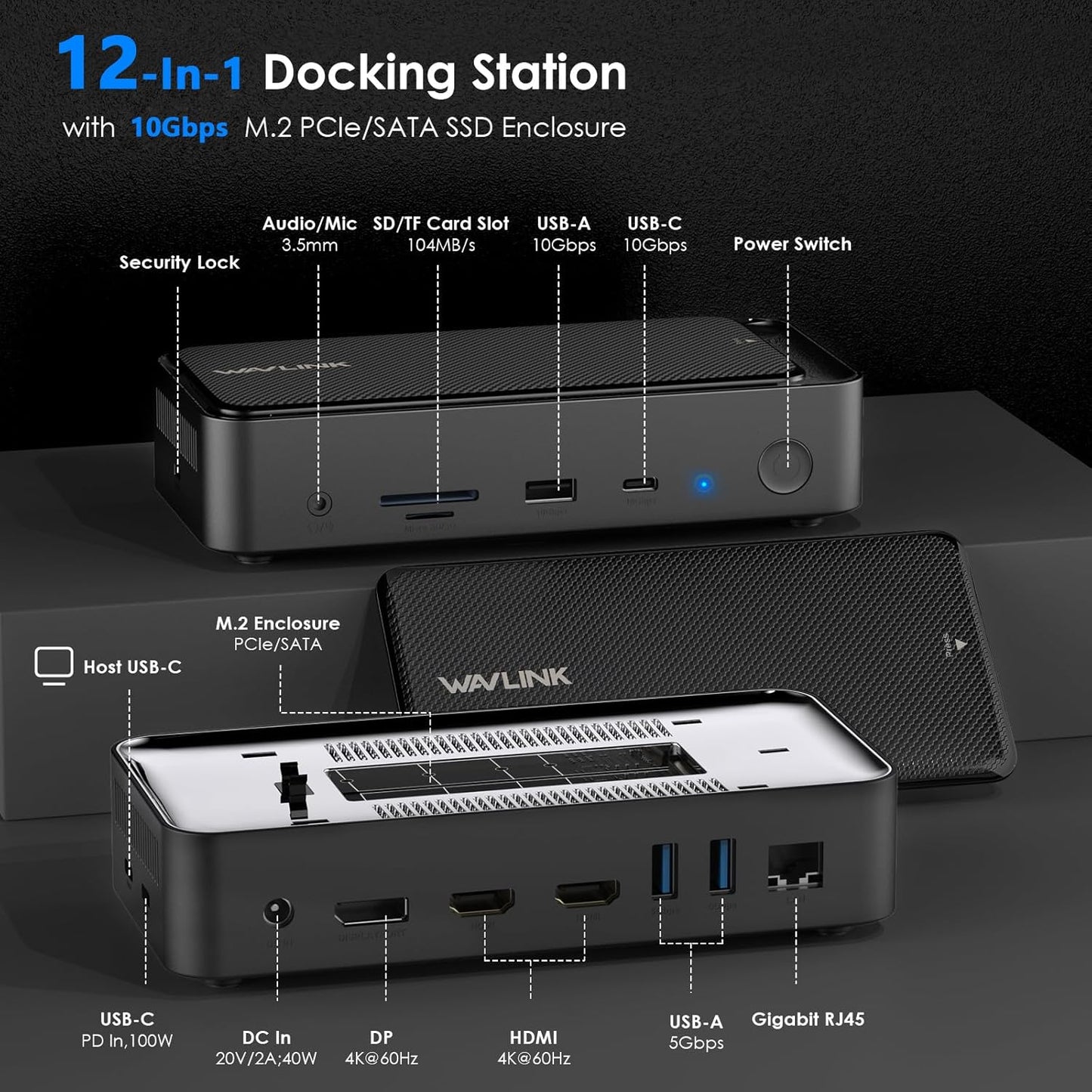 WAVLINK 12-in-1 USB-C Docking Station with Triple Monitor Support, Black DEMO