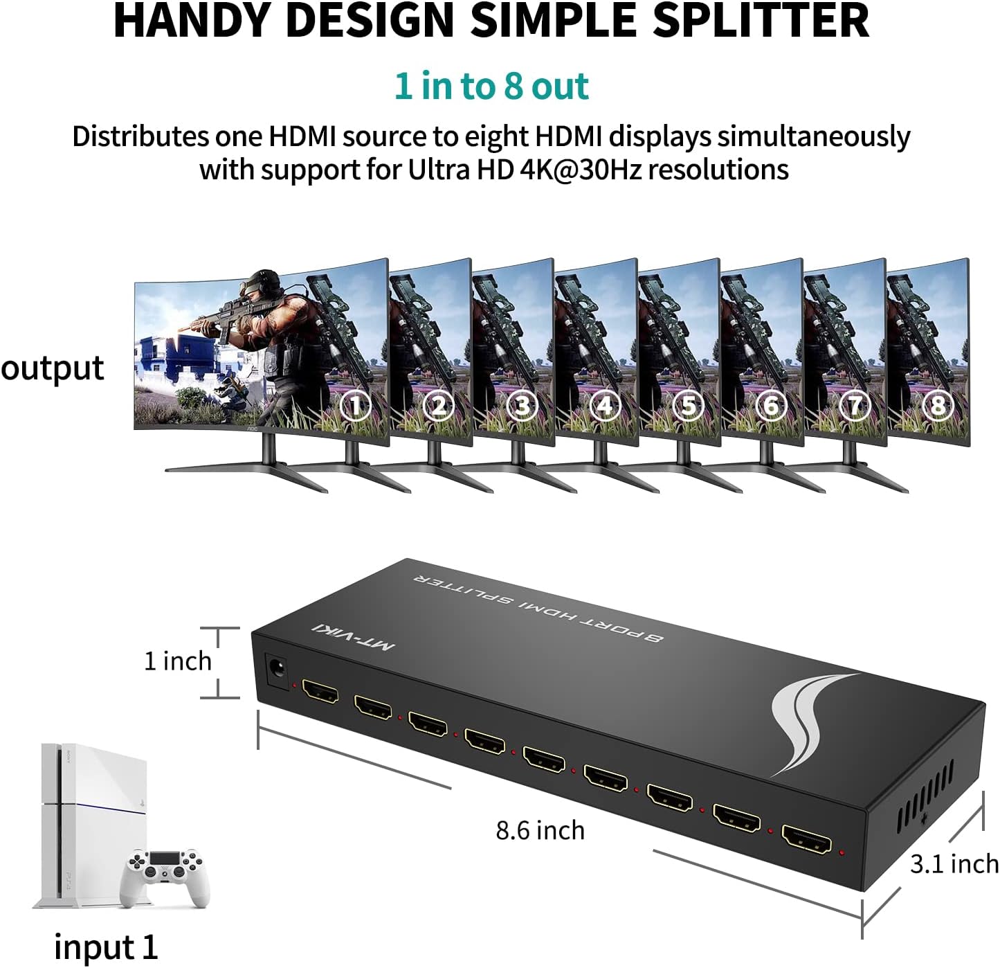 MT-VIKI 4K Splitters HDMI Splitter 1 in 8 Out Port Powered Multi Monitor DEMO