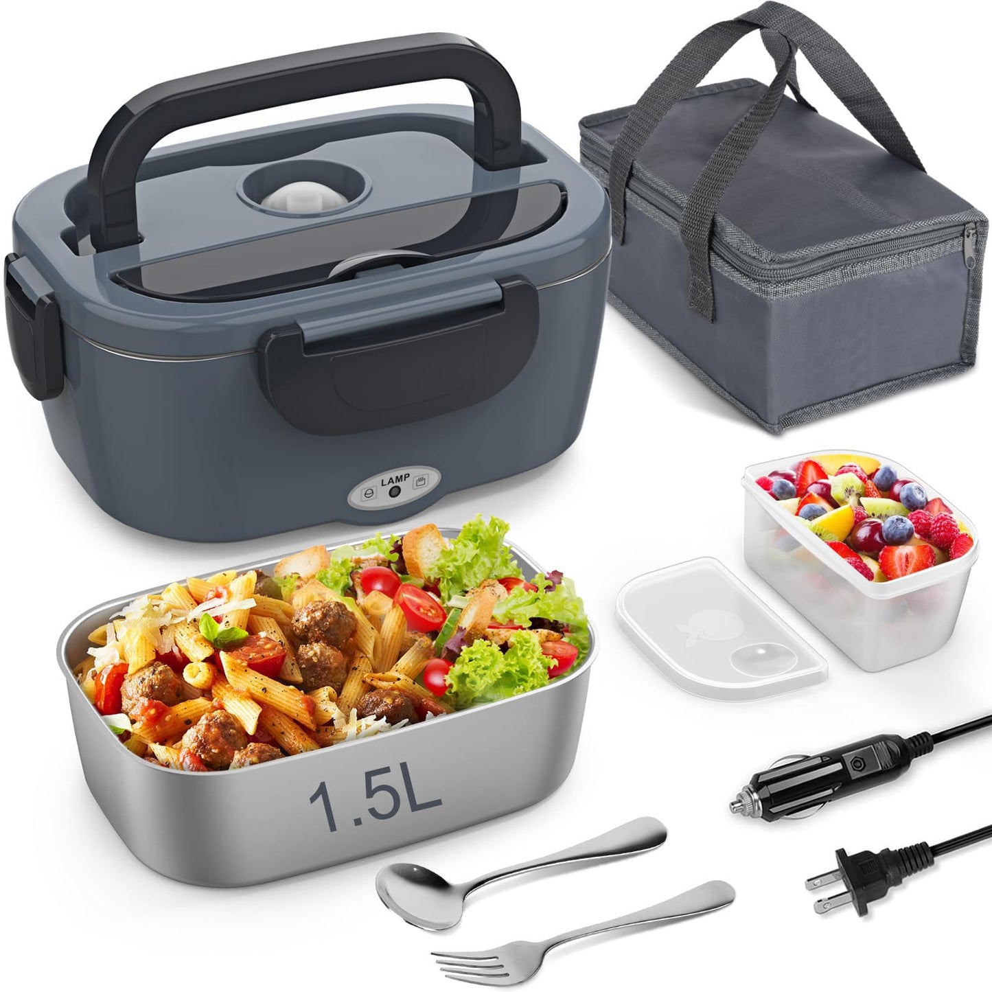 Portable Stainless Steel Lunch Box Food Warmer, 1.5L, Grey & Black, Boxes NEW