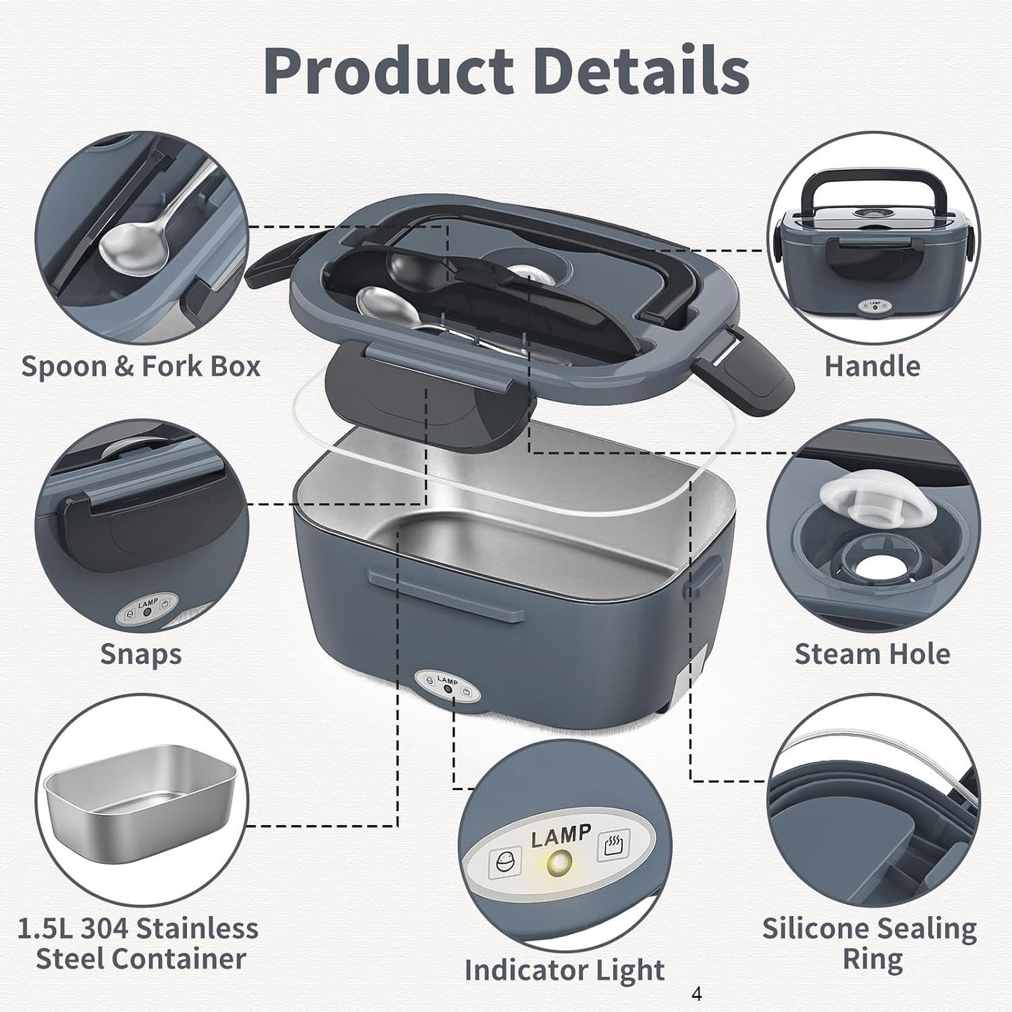 Portable Stainless Steel Lunch Box Food Warmer, 1.5L, Grey & Black, Boxes NEW