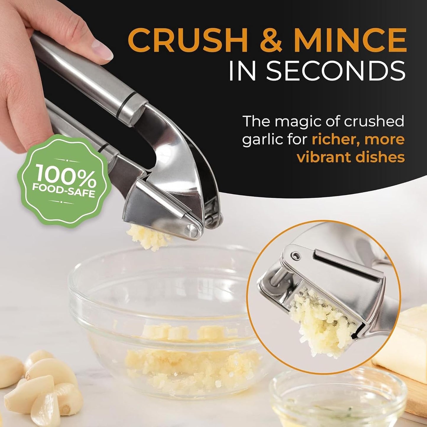 Durable Stainless Steel Garlic Press - Easy Clean, Rust-Proof, Dishwasher NEW