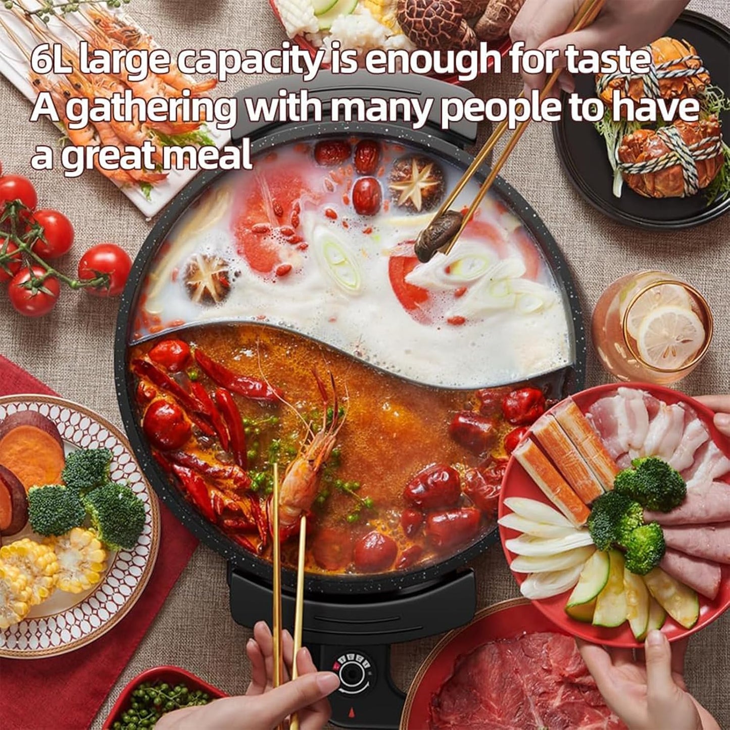 6L Electric Hot Pot with Divider Dual-Flavor Speciality Appliance Black NEW
