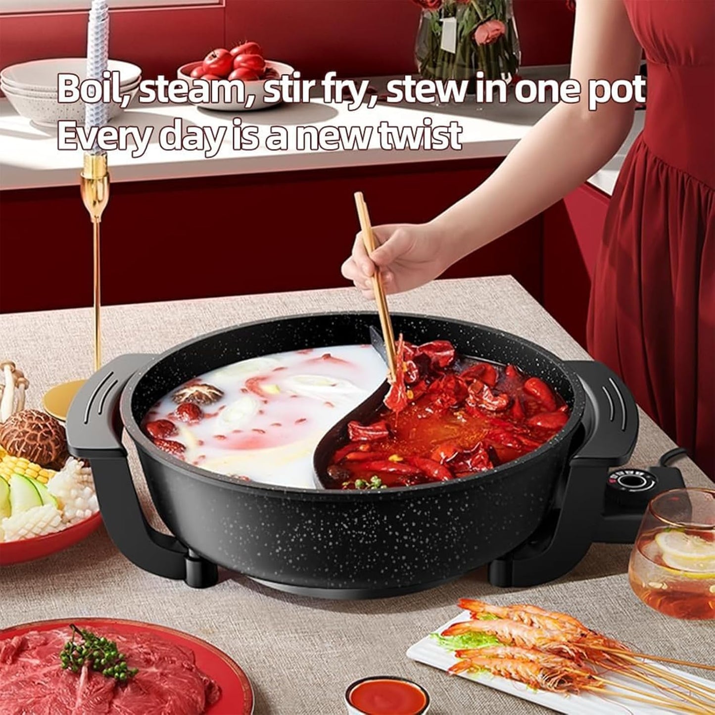 6L Electric Hot Pot with Divider Dual-Flavor Speciality Appliance Black NEW