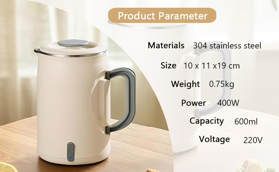 Portable Electric Kettle 600ml Double-Wall Insulation Fast Boil Auto White NEW