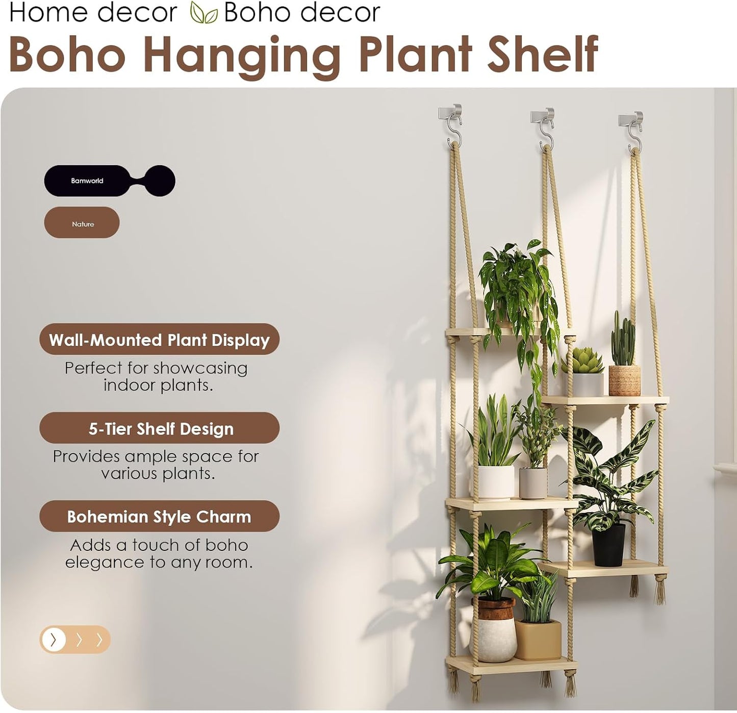 Bamworld Boho Hanging Plant Stand Indoor Window Planter 45cm x 16cm 116cm NEW