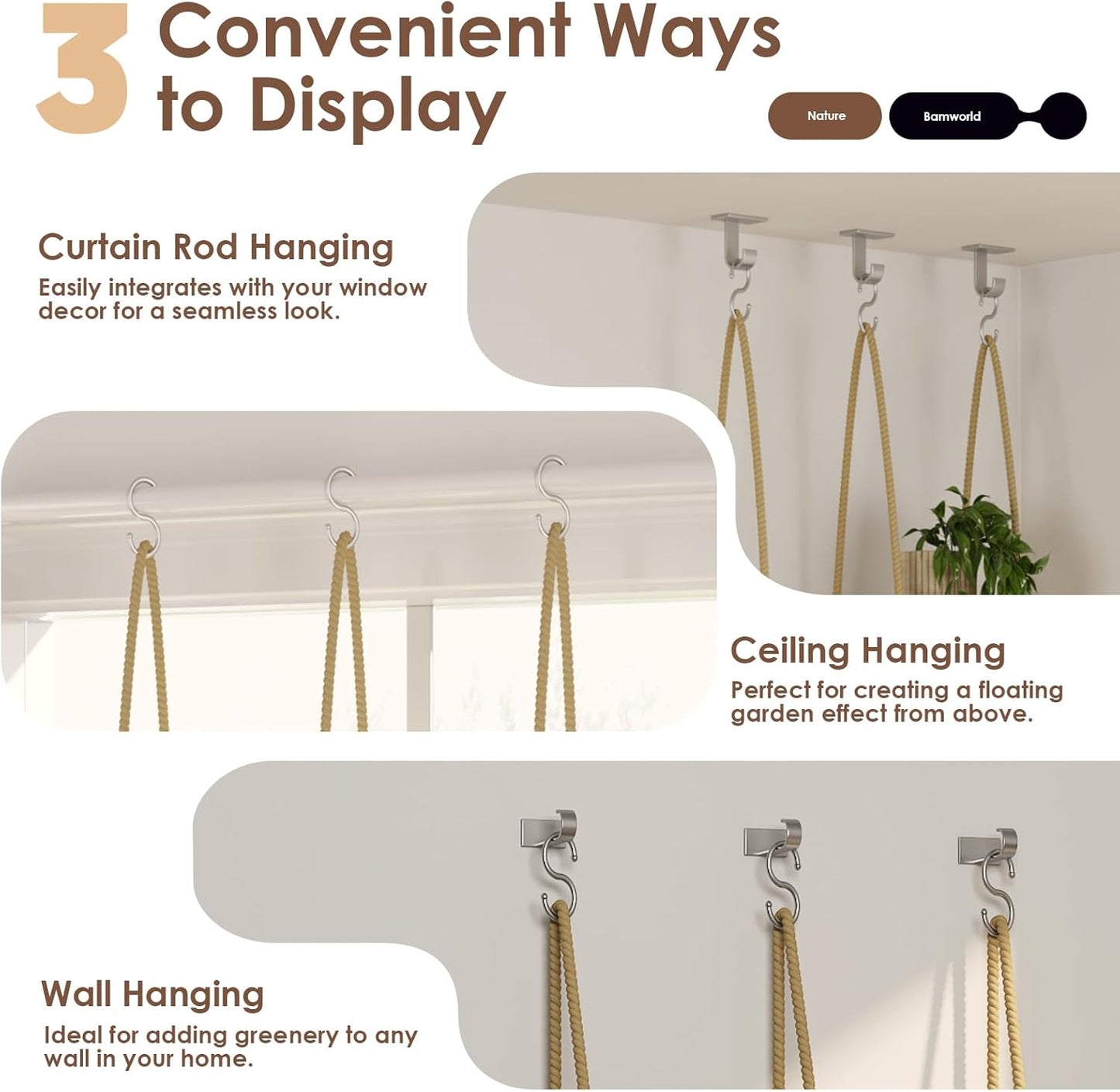 Bamworld Boho Hanging Plant Stand Indoor Window Planter 45cm x 16cm 116cm NEW
