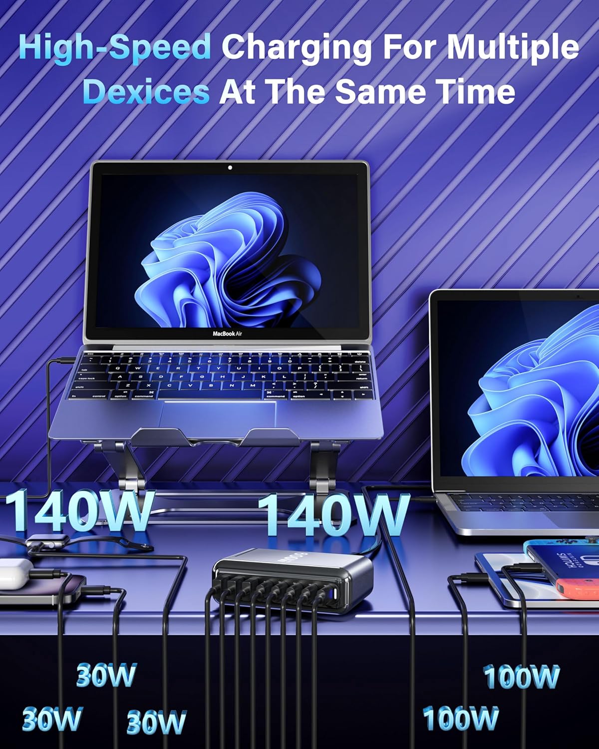 140W USB-C Charging Station with 8 Ports - Powerful GaN Laptop Charger in DEMO