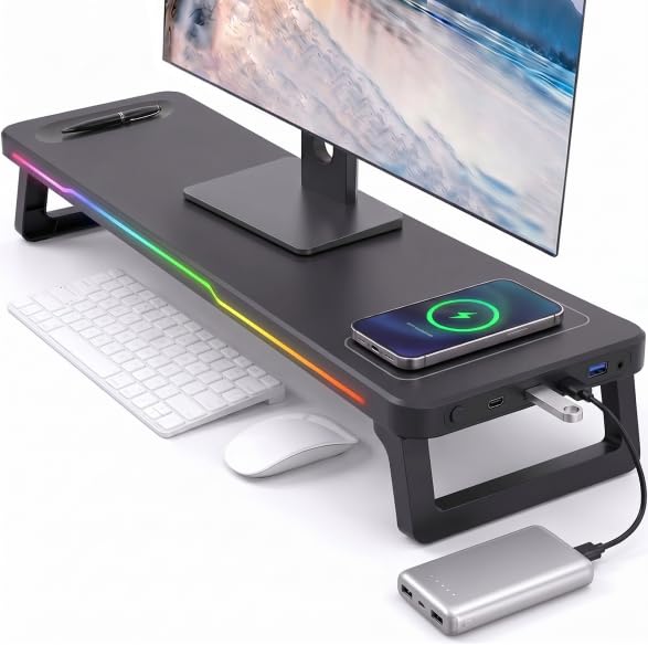 Adjustable Monitor Stand Riser with Wireless Charging, RGB Lights & 3 USB NEW