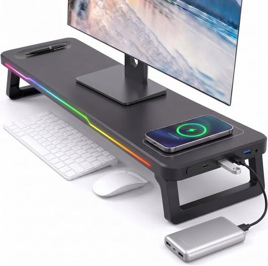Adjustable Monitor Stand Riser with Wireless Charging, RGB Lights & 3 USB NEW
