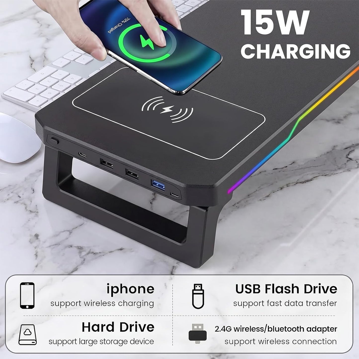 Adjustable Monitor Stand Riser with Wireless Charging, RGB Lights & 3 USB NEW