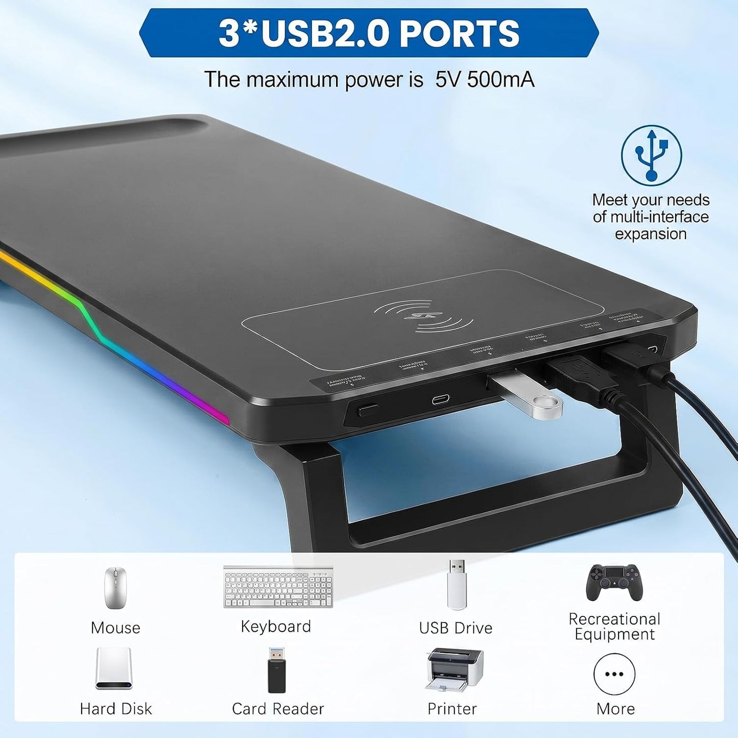 Adjustable Monitor Stand Riser with Wireless Charging, RGB Lights & 3 USB NEW