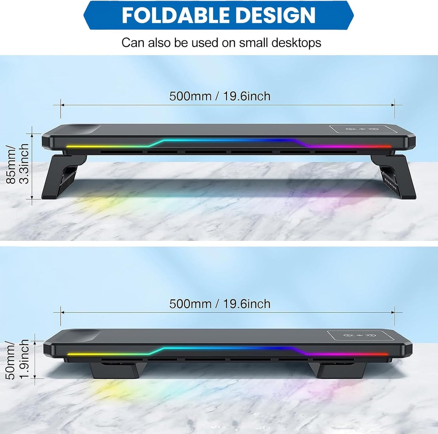 Adjustable Monitor Stand Riser with Wireless Charging, RGB Lights & 3 USB NEW