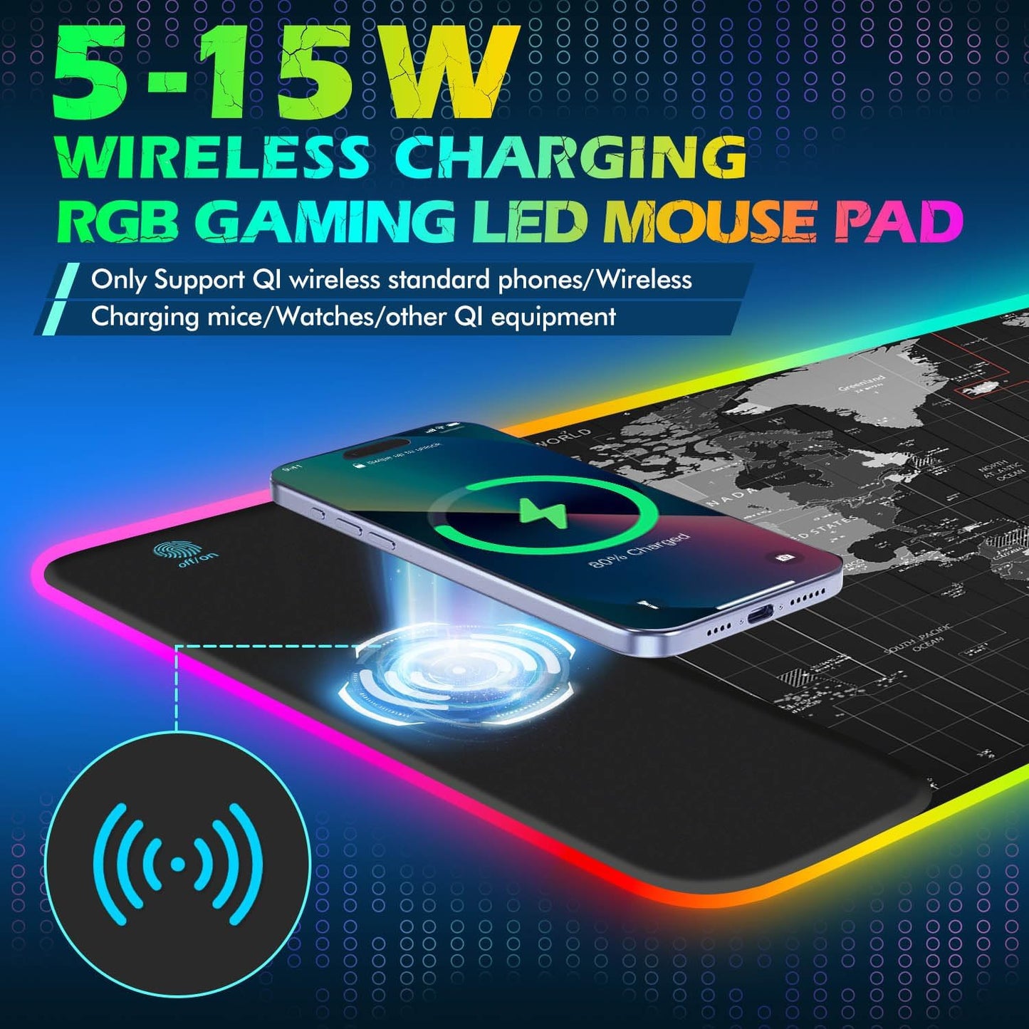 Large RGB Wireless Charging Mouse Pad for PC & Laptop, 80x30cm Black Size DEMO