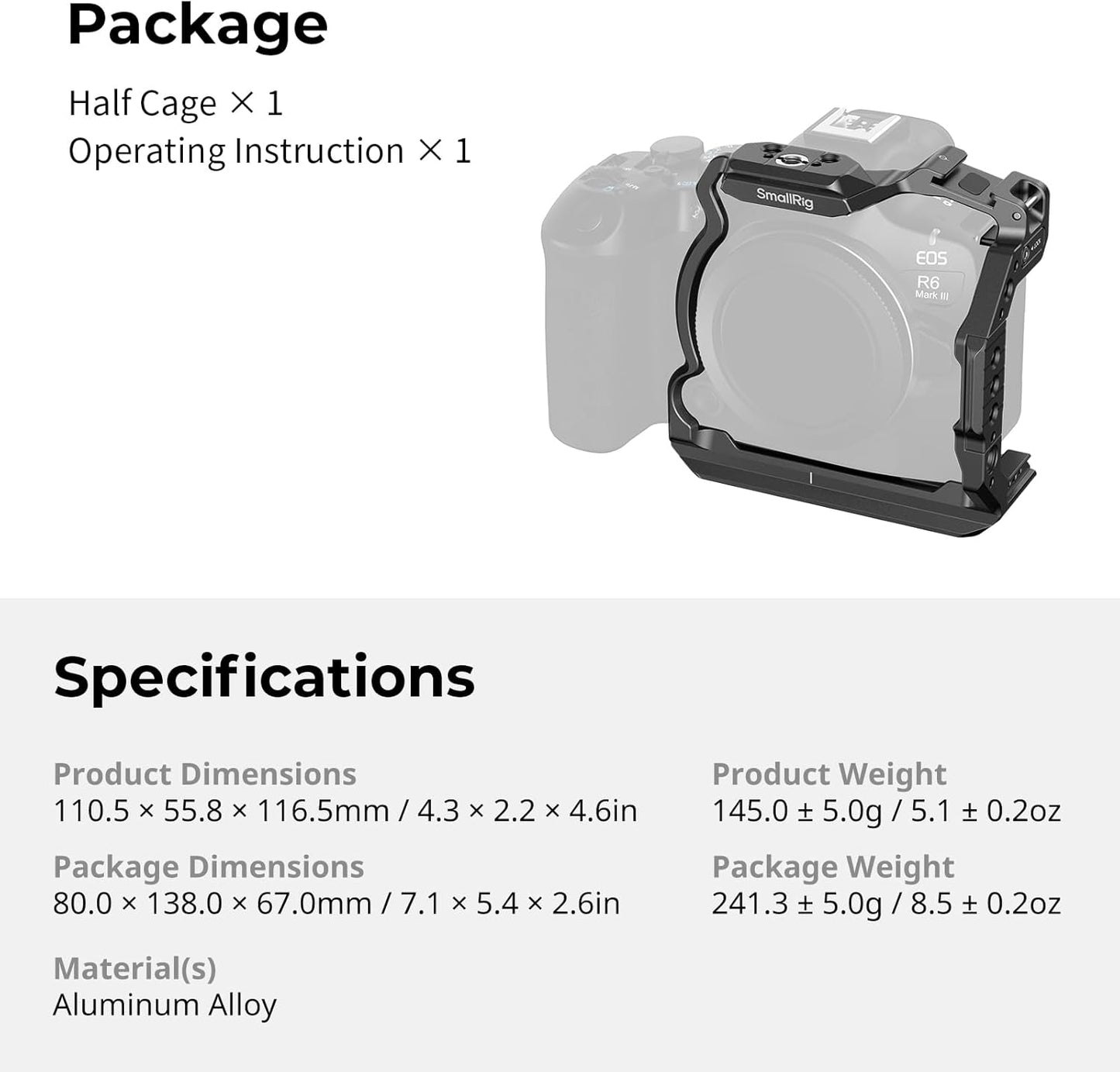SMALLRIG Handheld Stabiliser Half Cage for Canon R6 Mark II / R5 Black NEW