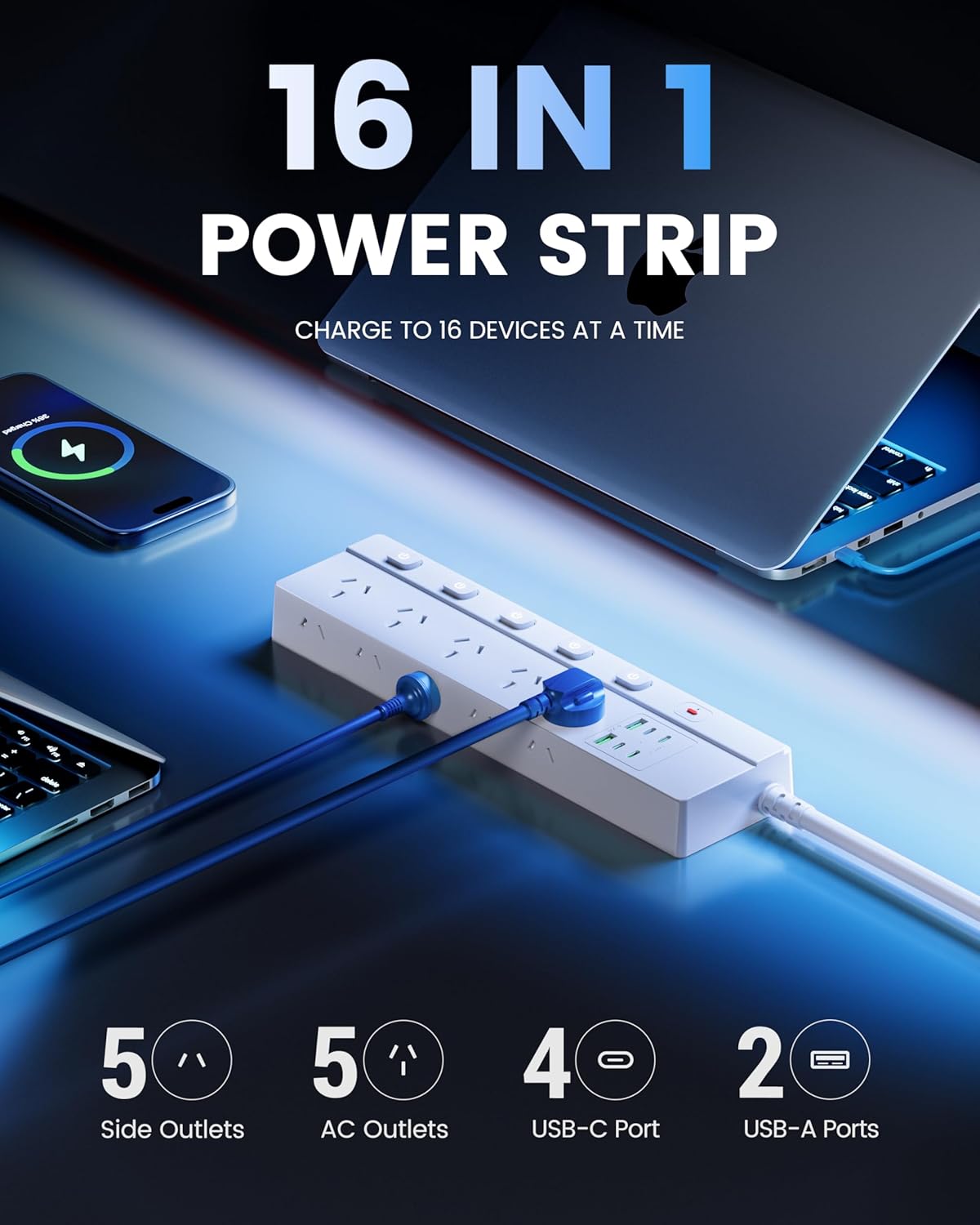 6-Outlet Power Strip with Individual Switches and Surge Protection, White NEW