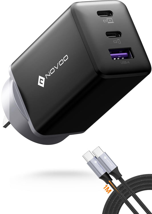 NOVOO 67W USB-C Charger with 3 Ports, GaN III Tech, Compact Mains in Black NEW