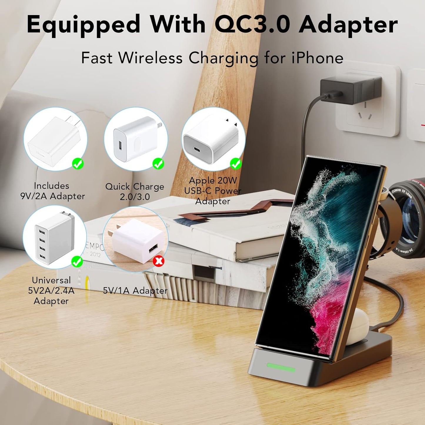 3-in-1 Wireless Charging Station Stand for Phones, Tablets, Watches Black DEMO