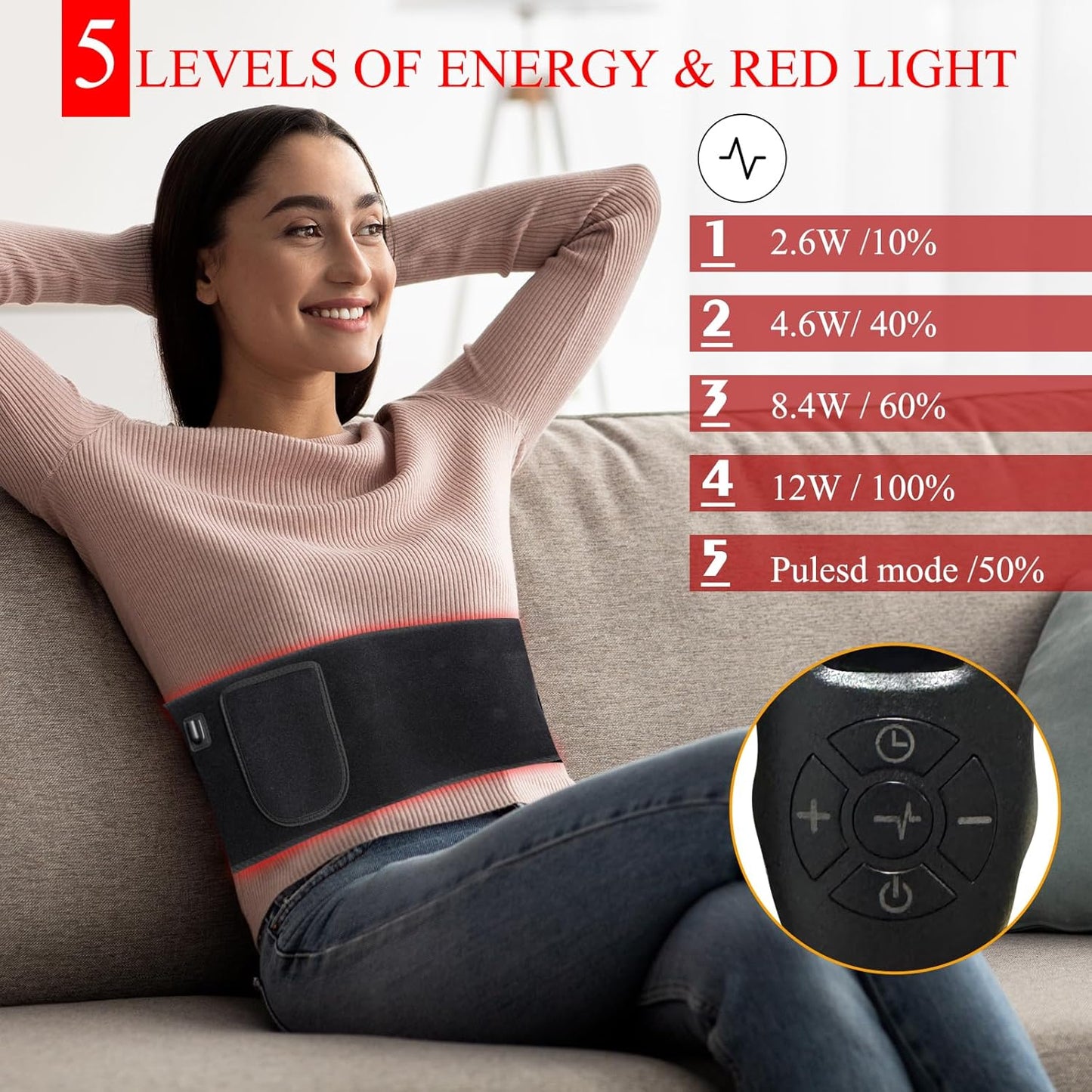 660nm Red & 850nm Near-Infrared Therapy Wrap Belt for Pain Relief Black NEW