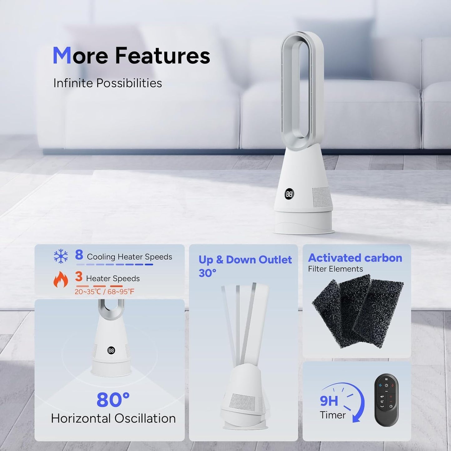 22" Oscillating Bladeless White Tower Fan for Cooling Large Rooms DEMO