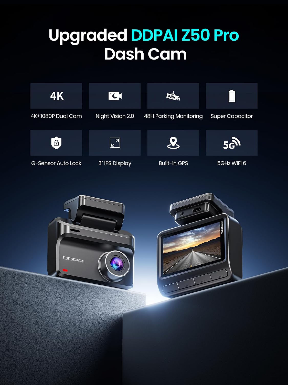 ddpai 4K+1080P Dual Dash Cam with 64GB Card, On-Dash-Monitoring, Black DEMO
