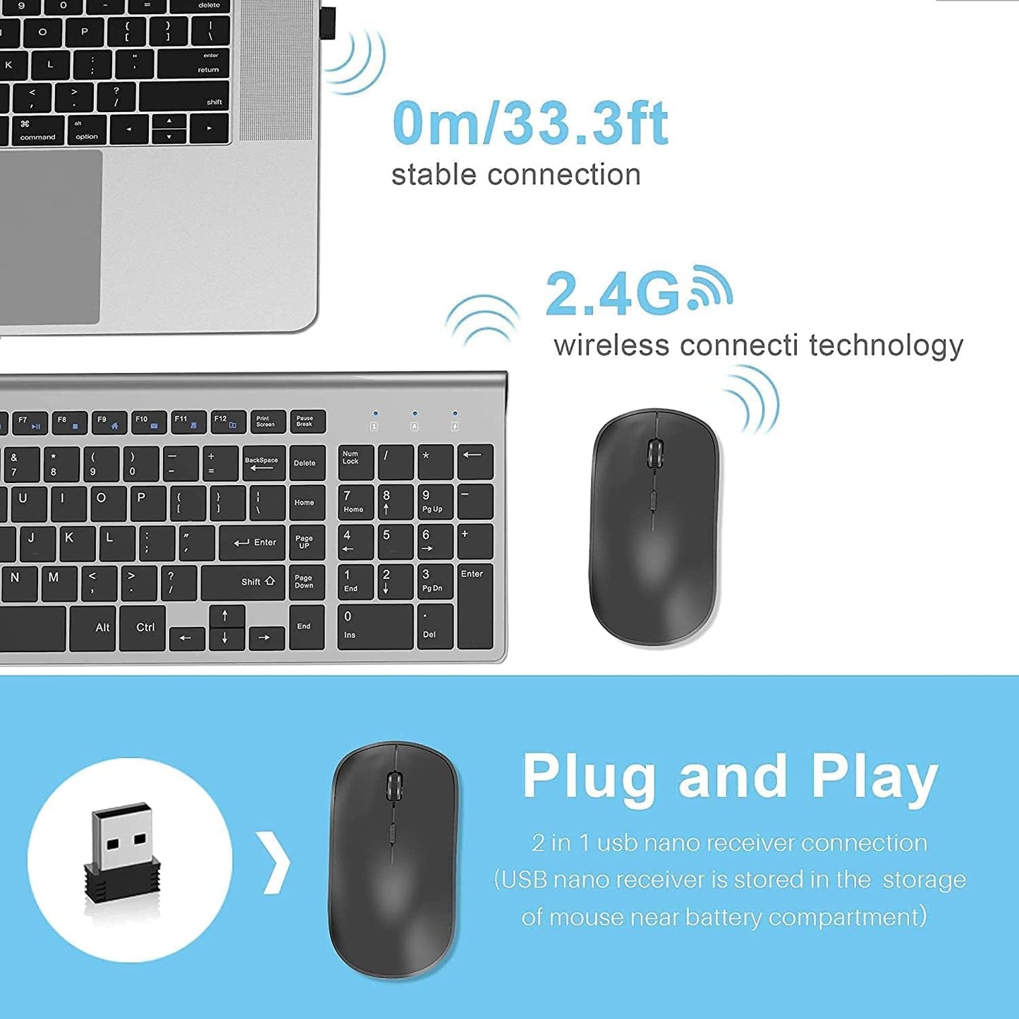 JOYACCESS Wireless Keyboard and Mouse Set Ergonomic Quiet Grey & Black Full NEW