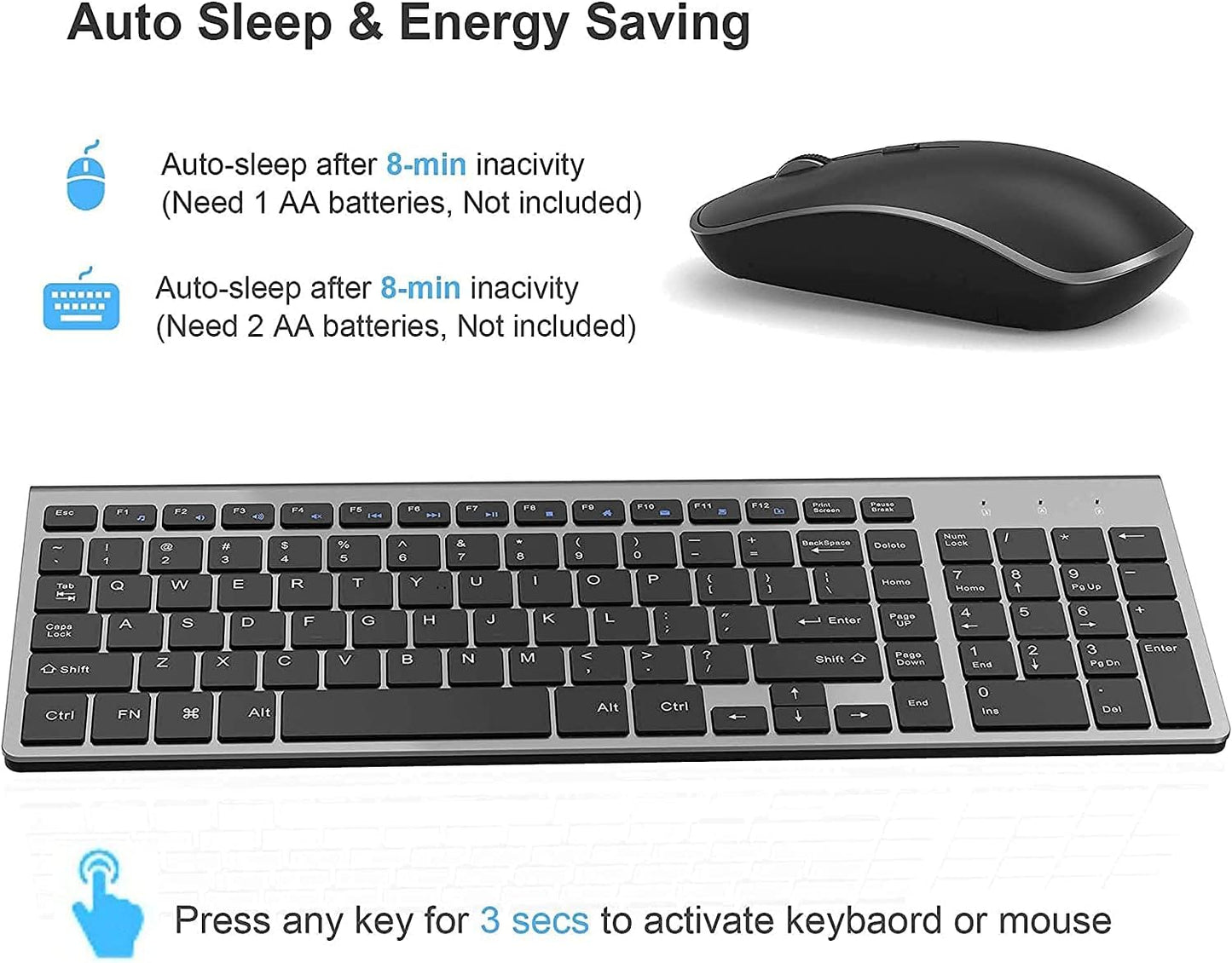 JOYACCESS Wireless Keyboard and Mouse Set Ergonomic Quiet Grey & Black Full NEW