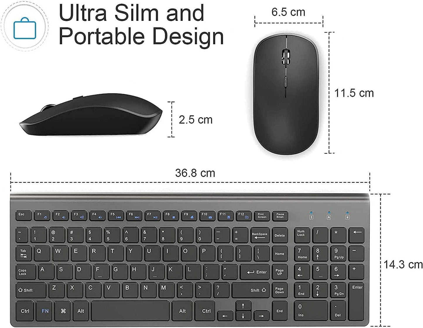 JOYACCESS Wireless Keyboard and Mouse Set Ergonomic Quiet Grey & Black Full NEW