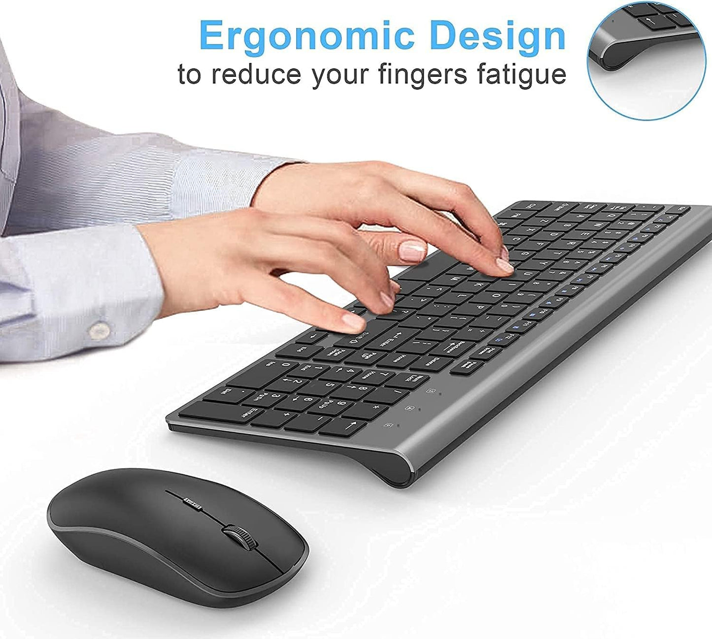 JOYACCESS Wireless Keyboard and Mouse Set Ergonomic Quiet Grey & Black Full NEW