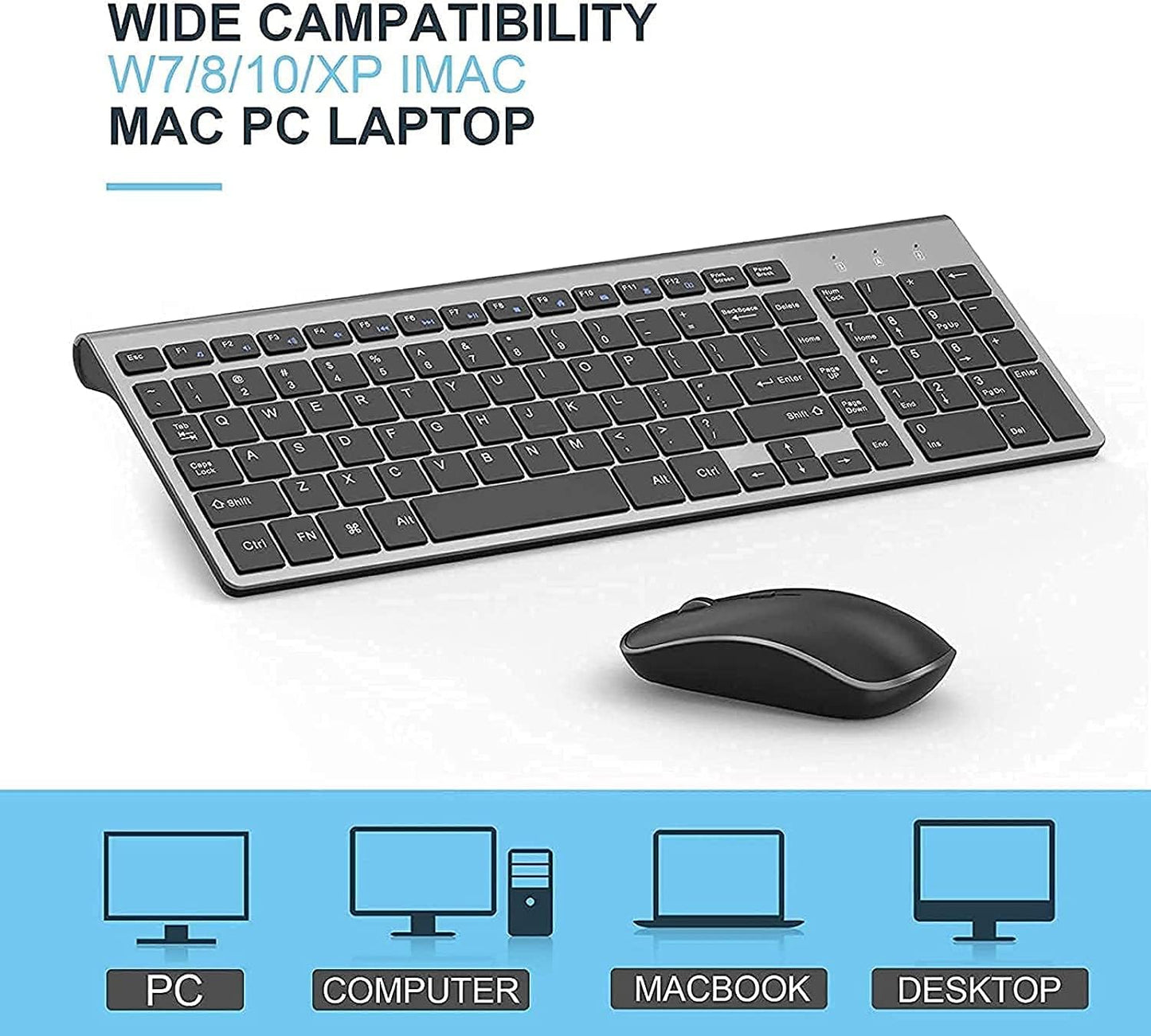 JOYACCESS Wireless Keyboard and Mouse Set Ergonomic Quiet Grey & Black Full NEW