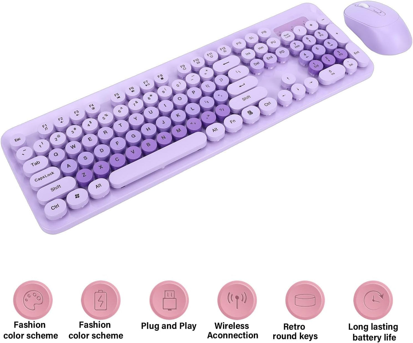 Wireless Keyboard and Mouse Combo Set Typewriter Style 104 Keys Purple Full NEW
