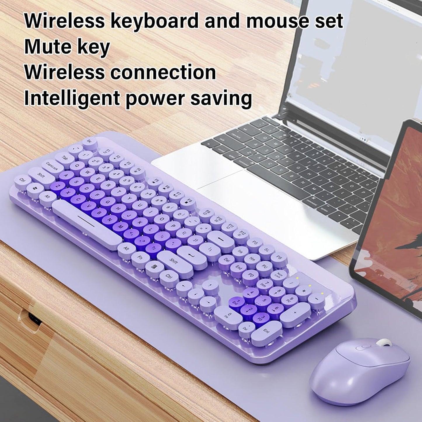 Wireless Keyboard and Mouse Combo Set Typewriter Style 104 Keys Purple Full NEW