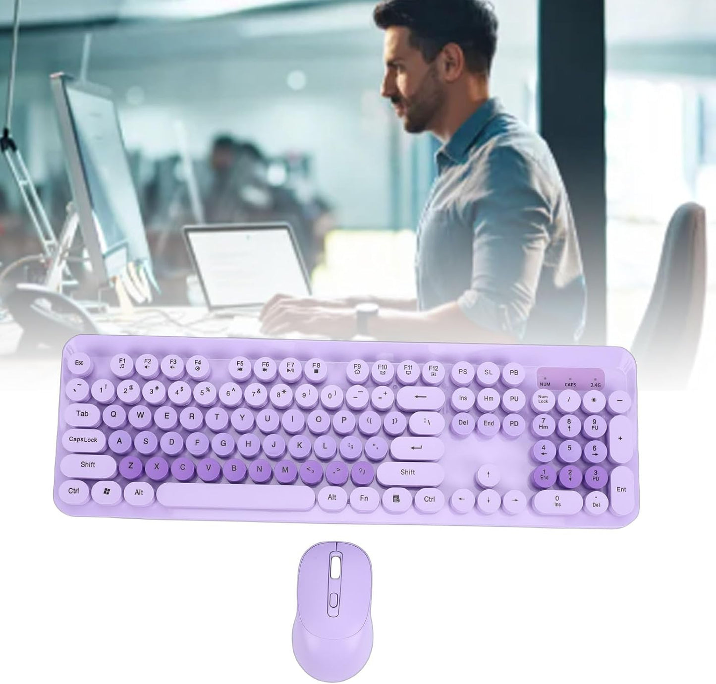 Wireless Keyboard and Mouse Combo Set Typewriter Style 104 Keys Purple Full NEW