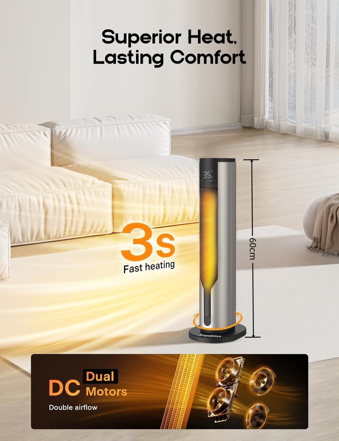 2000W Portable Heating Oscillating Space Heater with Indoor Fan, Silver DEMO
