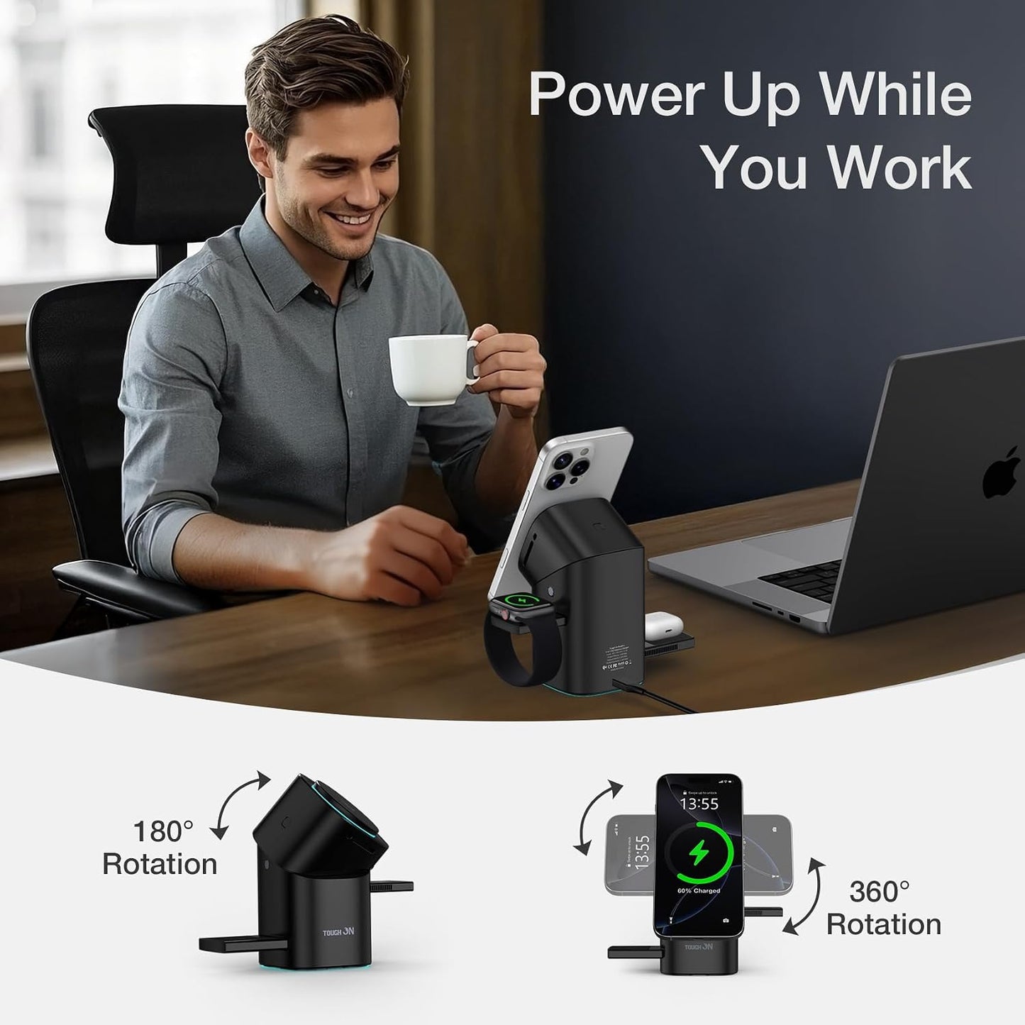 TOUGH ON 3-in-1 Qi2 Wireless Charging Station Induction Charger in Black DEMO