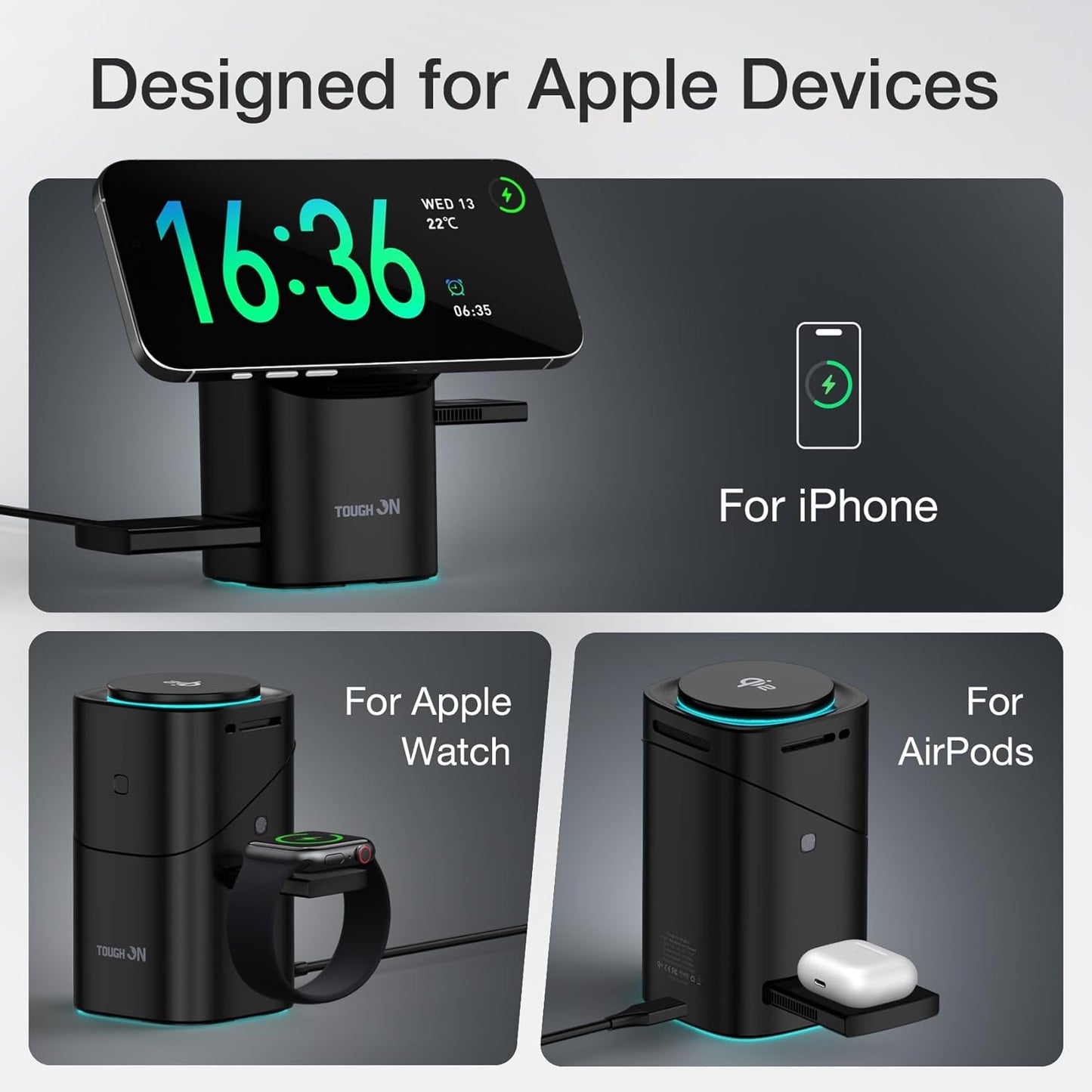 TOUGH ON 3-in-1 Qi2 Wireless Charging Station Induction Charger in Black DEMO