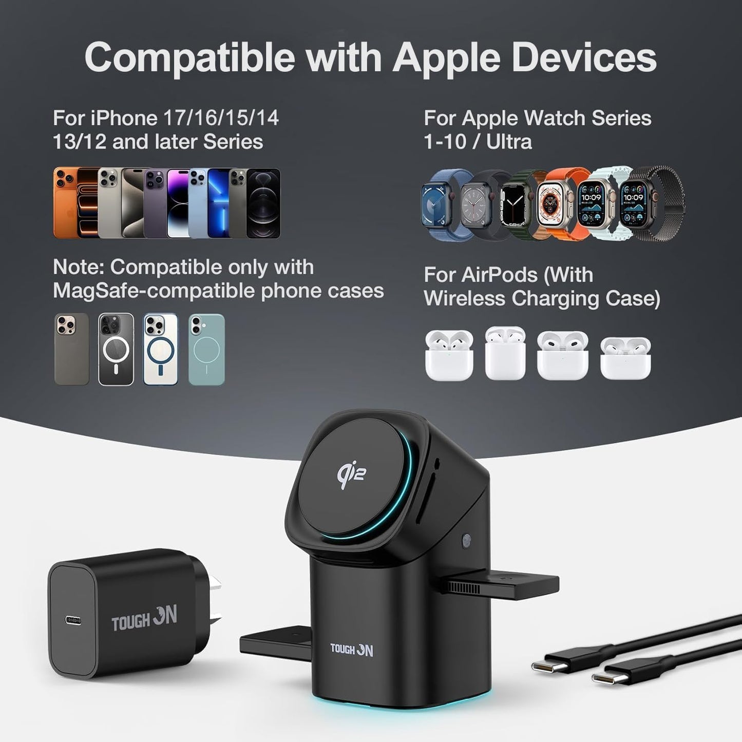 TOUGH ON 3-in-1 Qi2 Wireless Charging Station Induction Charger in Black DEMO
