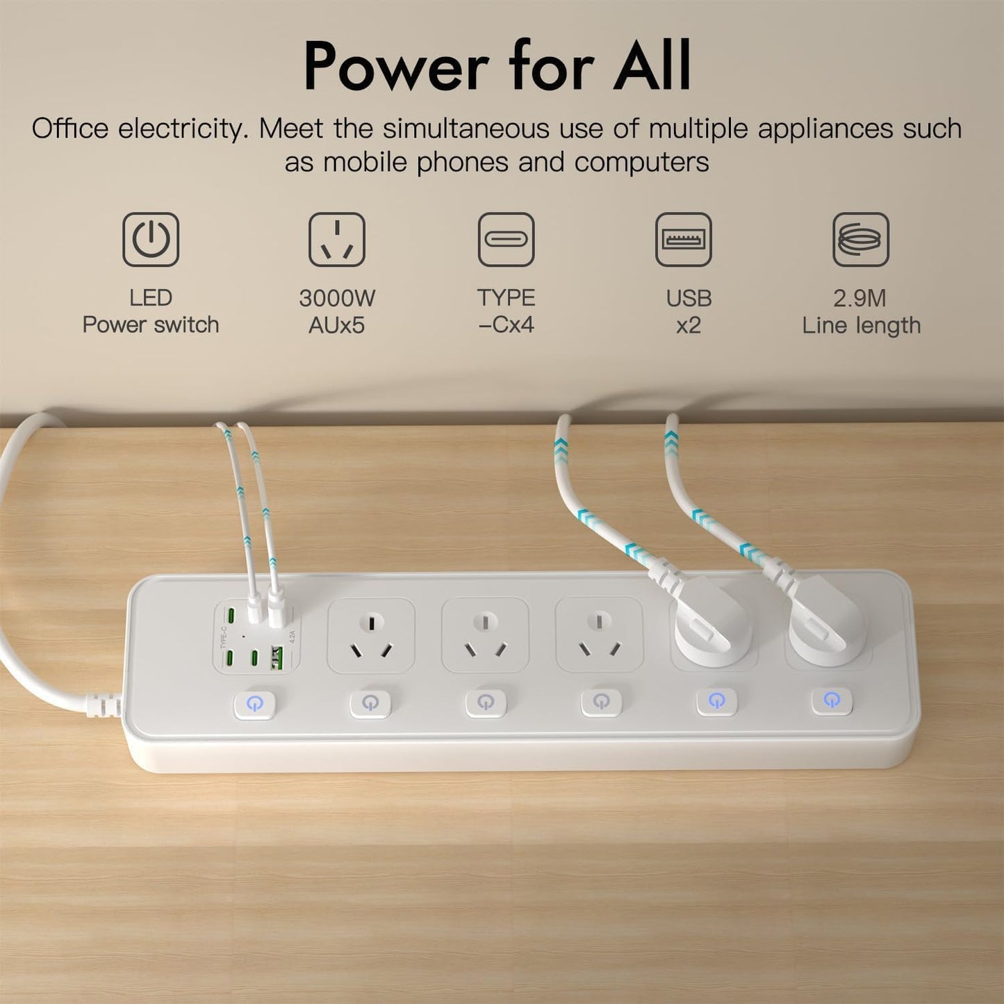Powerful 11-in-1 Outlet Power Strip Board with 3250W Capacity, White Surge DEMO