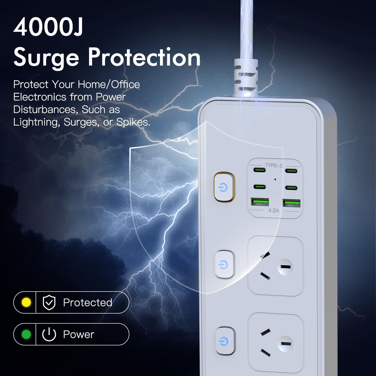 Powerful 11-in-1 Outlet Power Strip Board with 3250W Capacity, White Surge DEMO