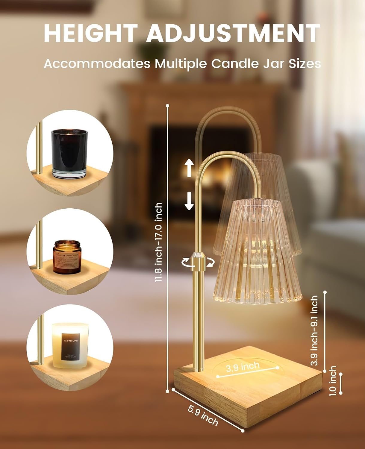 Gold Candle Warmer Lamp with Timer, Dimmer & Adjustable Height for Home NEW