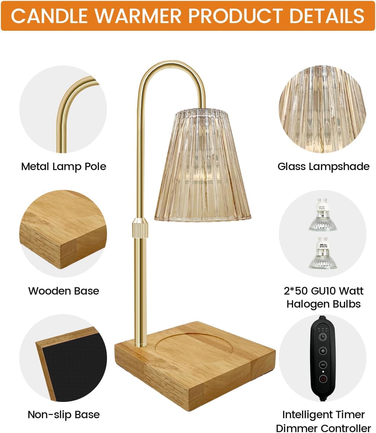 Gold Candle Warmer Lamp with Timer, Dimmer & Adjustable Height for Home NEW